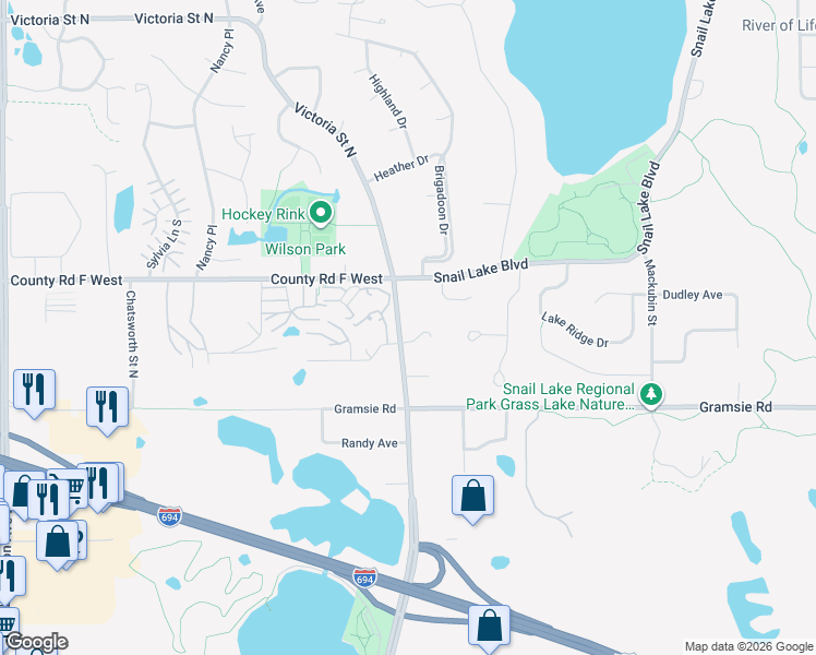map of restaurants, bars, coffee shops, grocery stores, and more near in Shoreview