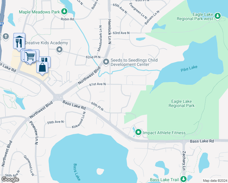 map of restaurants, bars, coffee shops, grocery stores, and more near 6040 Hemlock Lane North in Plymouth