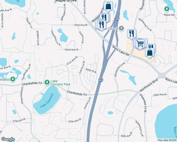 map of restaurants, bars, coffee shops, grocery stores, and more near 13465 60th Place North in Minneapolis