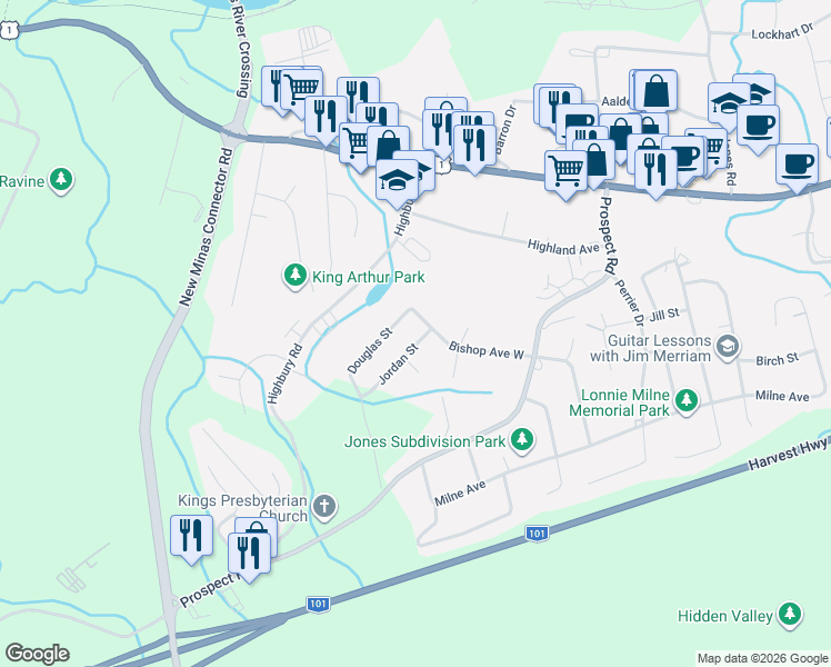 map of restaurants, bars, coffee shops, grocery stores, and more near 18 Jordan Street in New Minas