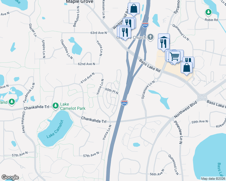 map of restaurants, bars, coffee shops, grocery stores, and more near 13465 60th Place North in Minneapolis