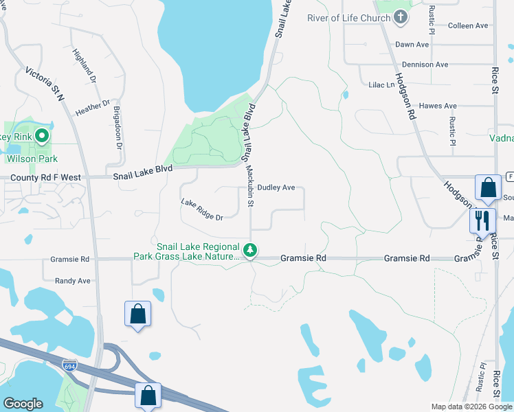 map of restaurants, bars, coffee shops, grocery stores, and more near 4020 Mackubin Street in Shoreview