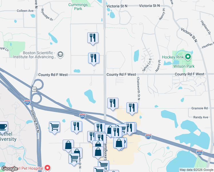 map of restaurants, bars, coffee shops, grocery stores, and more near 4000 Lexington Avenue North in Shoreview