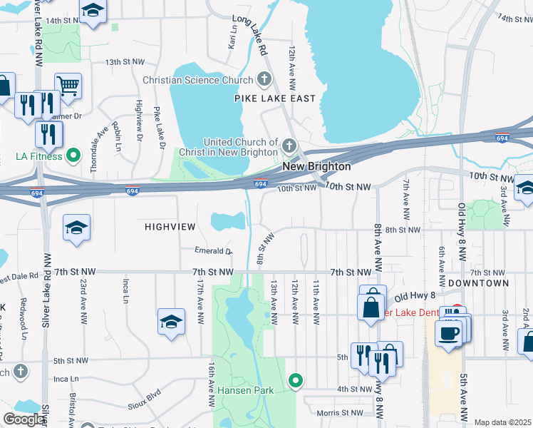map of restaurants, bars, coffee shops, grocery stores, and more near 1399 10th Street Northwest in New Brighton