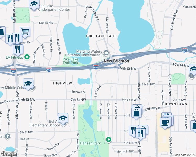 map of restaurants, bars, coffee shops, grocery stores, and more near 1417 10th Street Northwest in New Brighton