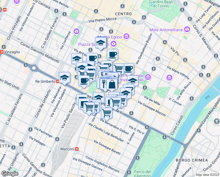 map of restaurants, bars, coffee shops, grocery stores, and more near 5 Via Urbano Rattazzi in Turin