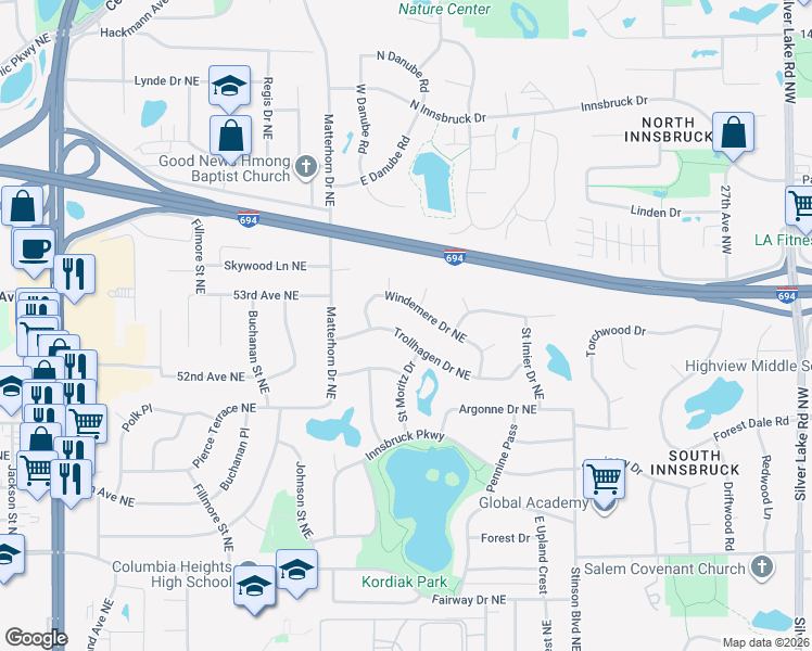 map of restaurants, bars, coffee shops, grocery stores, and more near 1490 Trollhagen Drive Northeast in Fridley