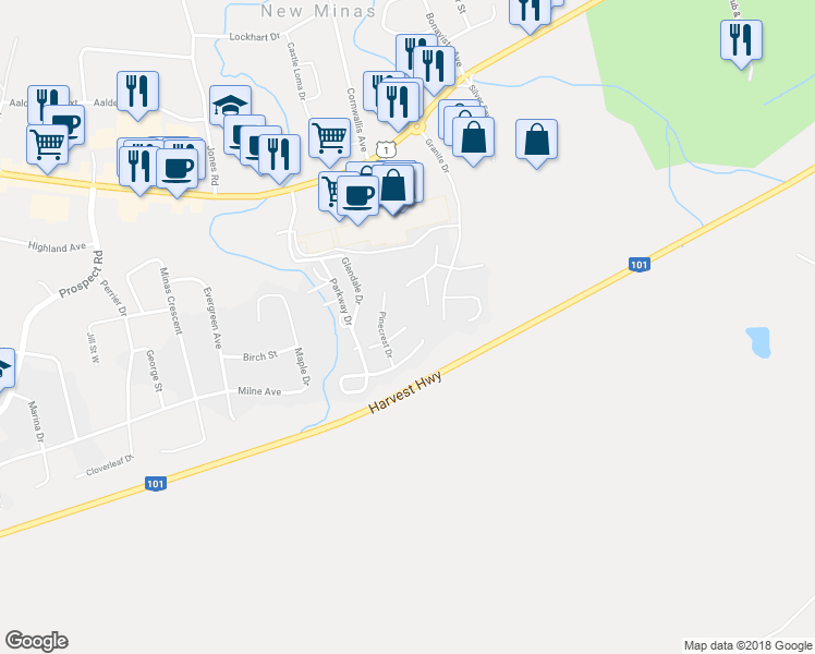 map of restaurants, bars, coffee shops, grocery stores, and more near 104 Maple Leaf Drive in Kings County