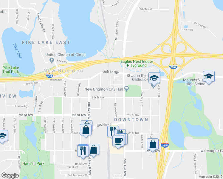 map of restaurants, bars, coffee shops, grocery stores, and more near 808 6th Avenue Northwest in New Brighton