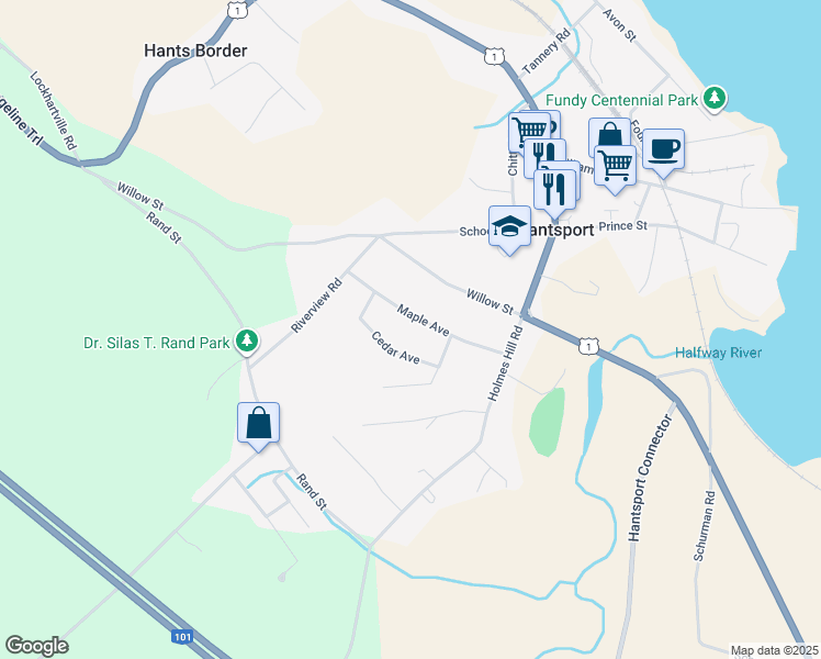 map of restaurants, bars, coffee shops, grocery stores, and more near 21 Maple Avenue in Hantsport