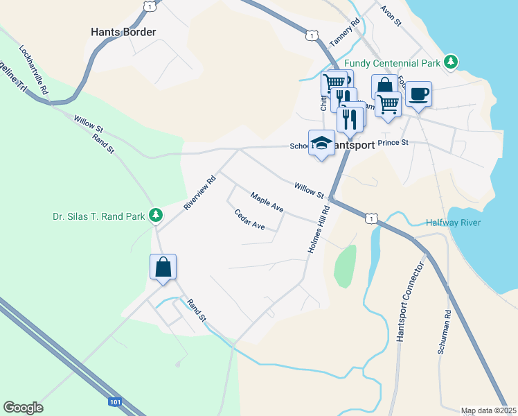 map of restaurants, bars, coffee shops, grocery stores, and more near 21 Maple Avenue in Hantsport
