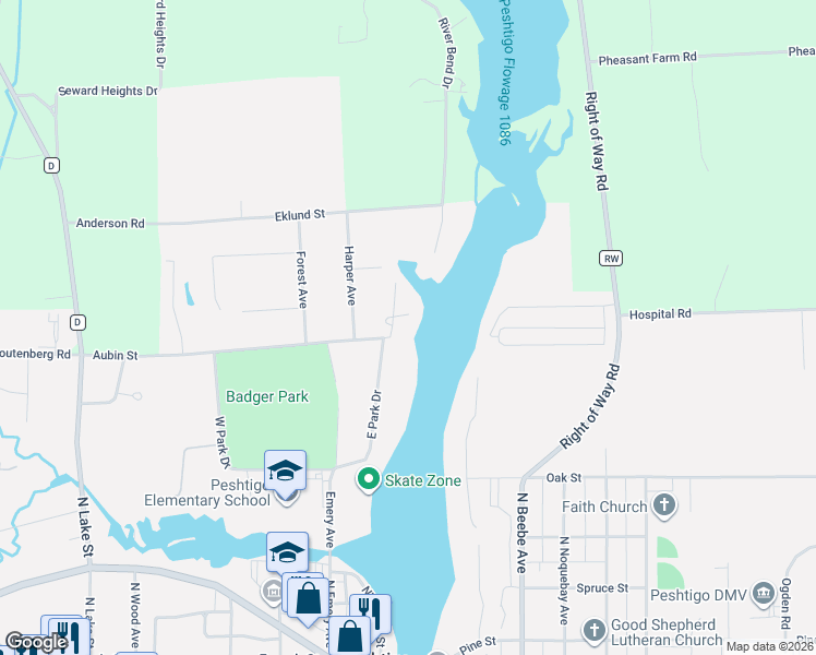 map of restaurants, bars, coffee shops, grocery stores, and more near 490 East Park Drive in Peshtigo
