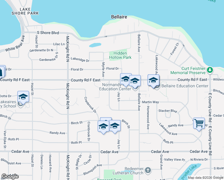 map of restaurants, bars, coffee shops, grocery stores, and more near 4021 Jay Lane in White Bear Lake