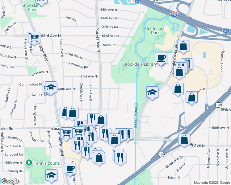 map of restaurants, bars, coffee shops, grocery stores, and more near 5925 Vincent Avenue North in Minneapolis