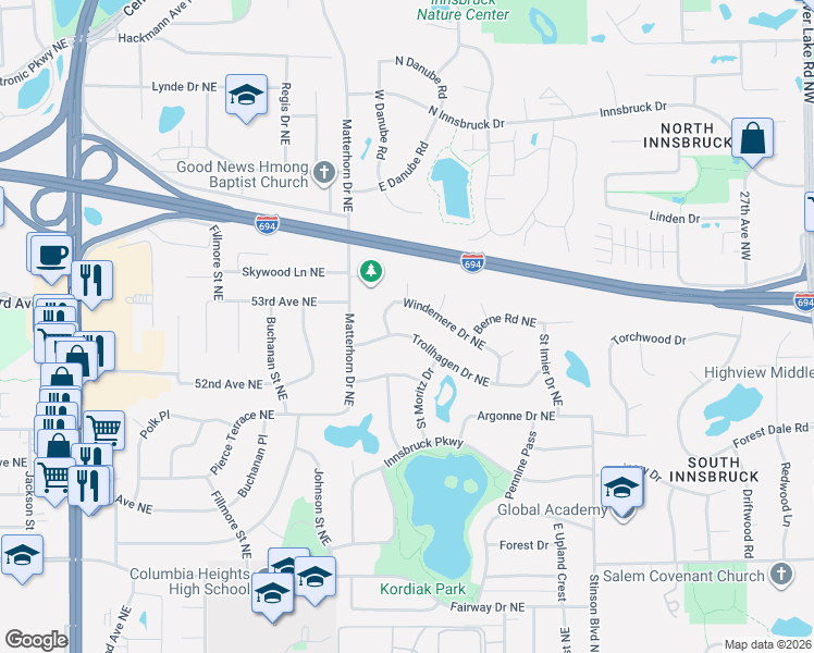 map of restaurants, bars, coffee shops, grocery stores, and more near 1490 Trollhagen Drive Northeast in Fridley