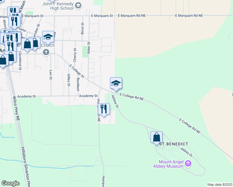 map of restaurants, bars, coffee shops, grocery stores, and more near in Mount Angel