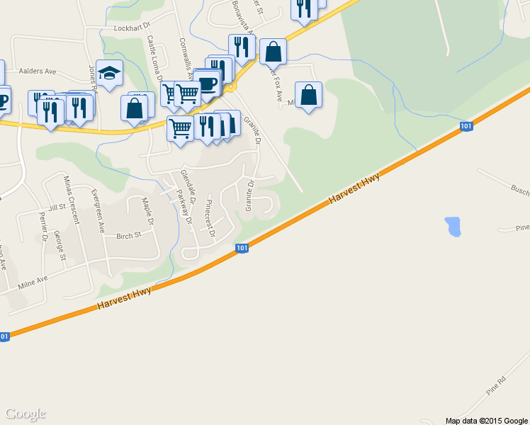 map of restaurants, bars, coffee shops, grocery stores, and more near 91 Cedarwood Crescent in Kings County