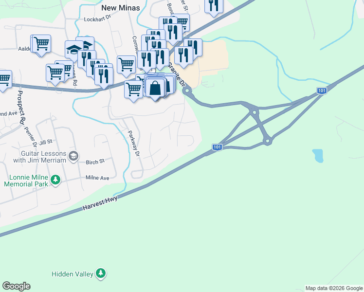 map of restaurants, bars, coffee shops, grocery stores, and more near 91 Cedarwood Crescent in Kings County