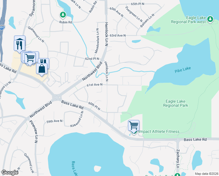 map of restaurants, bars, coffee shops, grocery stores, and more near 11820 61st Avenue North in Minneapolis