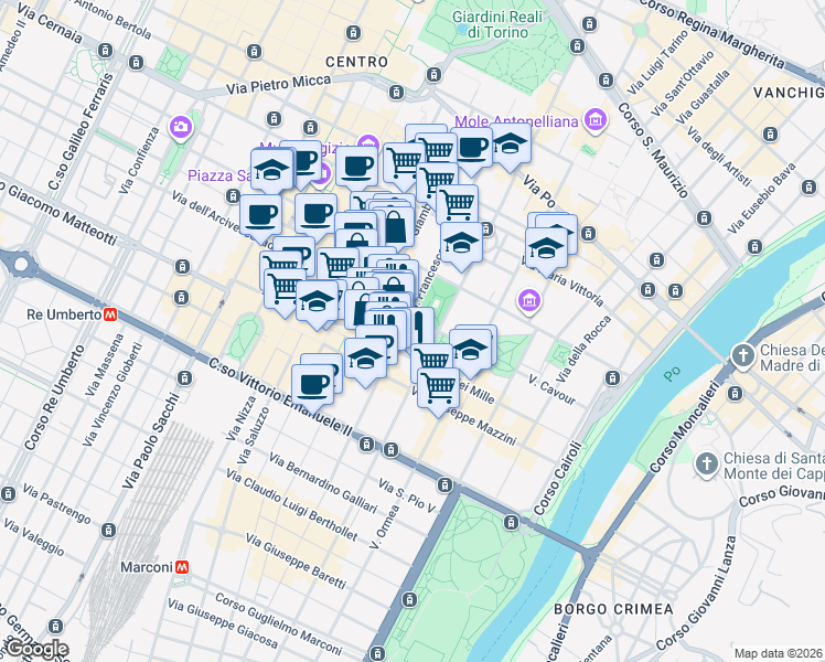map of restaurants, bars, coffee shops, grocery stores, and more near 28 Via San Francesco da Paola in Torino