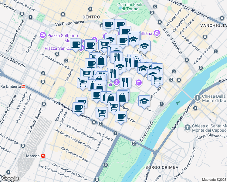 map of restaurants, bars, coffee shops, grocery stores, and more near 30-32 Via Giovanni Giolitti in Torino