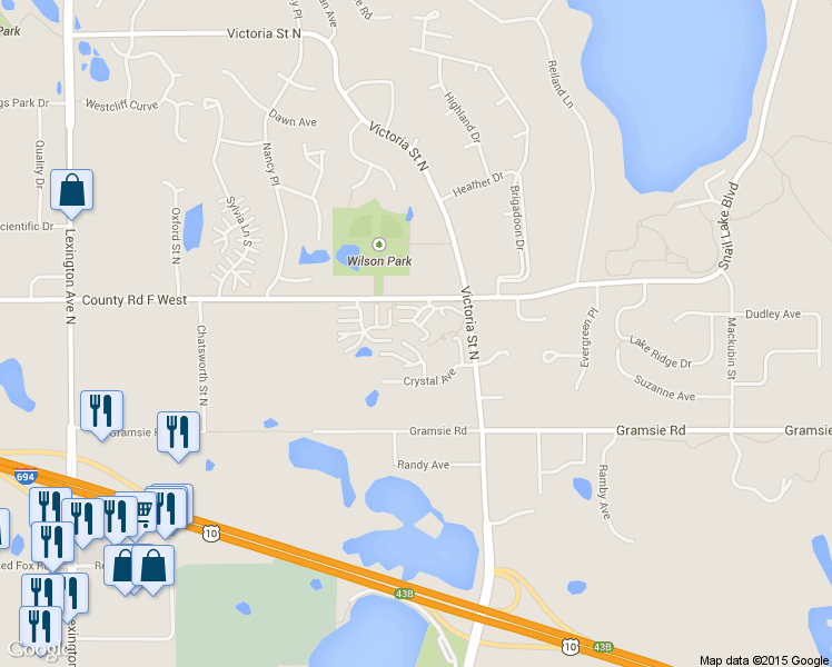 map of restaurants, bars, coffee shops, grocery stores, and more near 750 County Road F West in Shoreview