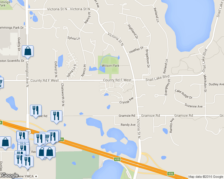 map of restaurants, bars, coffee shops, grocery stores, and more near 4036 Wilshire Circle in Shoreview