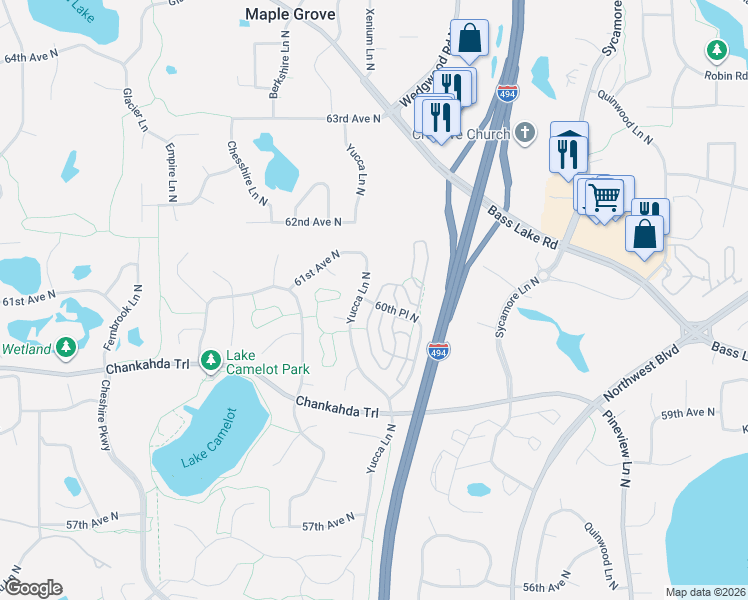 map of restaurants, bars, coffee shops, grocery stores, and more near 13480 60th Place North in Plymouth