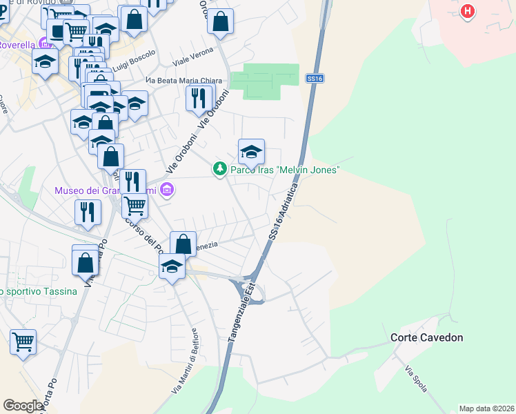 map of restaurants, bars, coffee shops, grocery stores, and more near Via Lionello D'Este in Rovigo