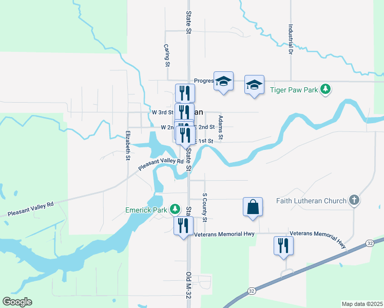 map of restaurants, bars, coffee shops, grocery stores, and more near 118 State Street in Hillman