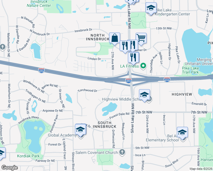 map of restaurants, bars, coffee shops, grocery stores, and more near 2770 Highway 694 Service Drive in New Brighton