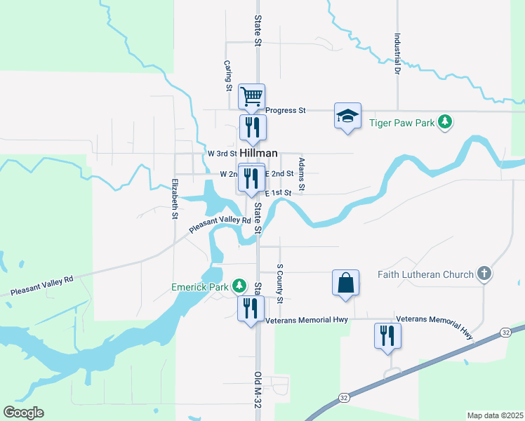 map of restaurants, bars, coffee shops, grocery stores, and more near 118 State Street in Hillman