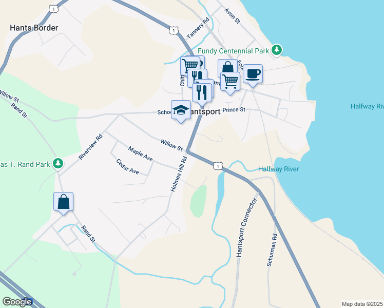 map of restaurants, bars, coffee shops, grocery stores, and more near 1 Willow Street in Hantsport