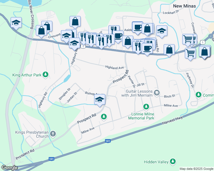 map of restaurants, bars, coffee shops, grocery stores, and more near 5753 Prospect Road in New Minas