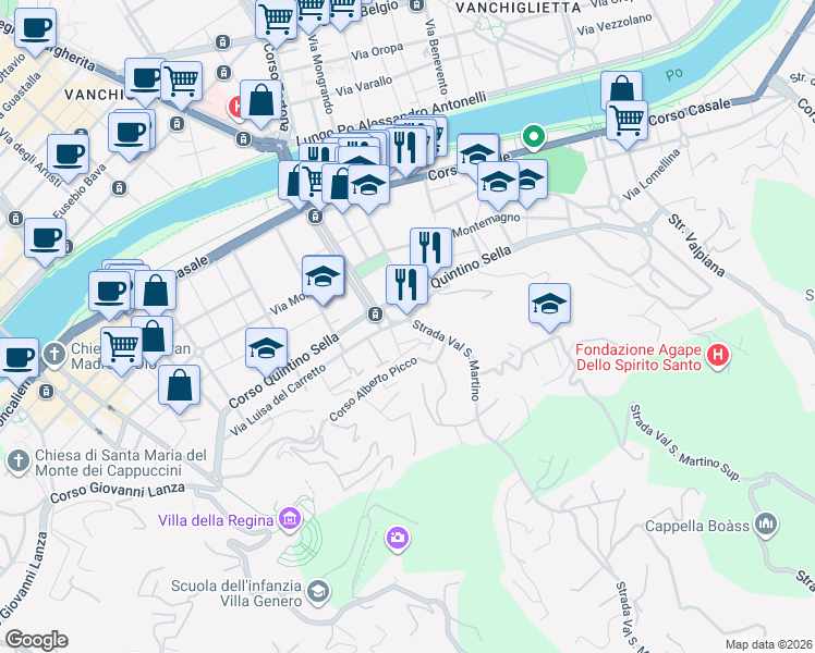 map of restaurants, bars, coffee shops, grocery stores, and more near 4 Strada Val San Martino in Torino