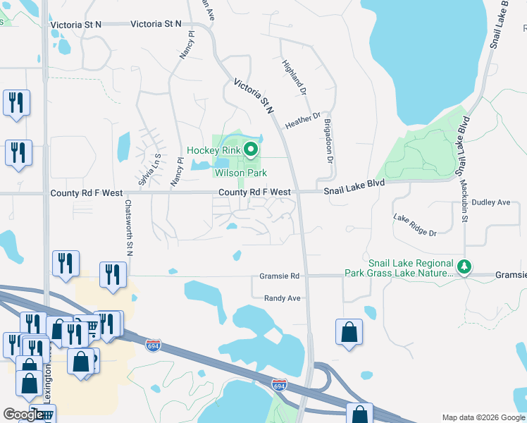 map of restaurants, bars, coffee shops, grocery stores, and more near 750 County Road F West in Shoreview