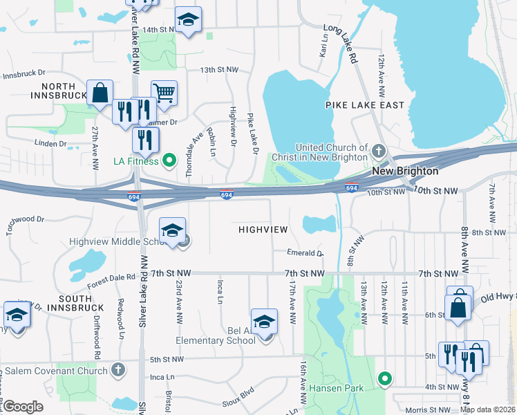 map of restaurants, bars, coffee shops, grocery stores, and more near 1000-1098, 1001-1099 Pike Lake Trail in New Brighton