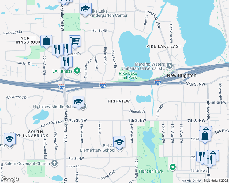 map of restaurants, bars, coffee shops, grocery stores, and more near 1000-1098, 1001-1099 Pike Lake Trail in New Brighton