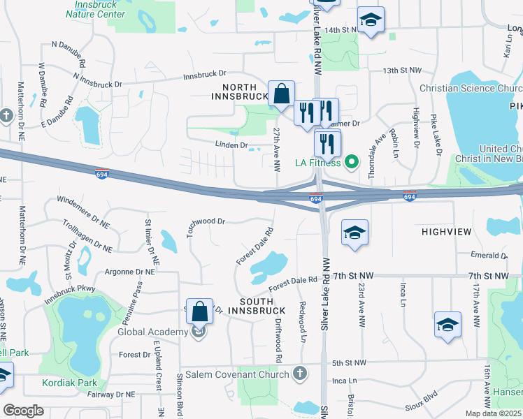 map of restaurants, bars, coffee shops, grocery stores, and more near 2770 Highway 694 Service Drive in New Brighton