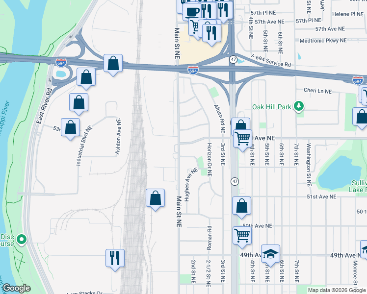 map of restaurants, bars, coffee shops, grocery stores, and more near 106 53rd Avenue Northeast in Fridley