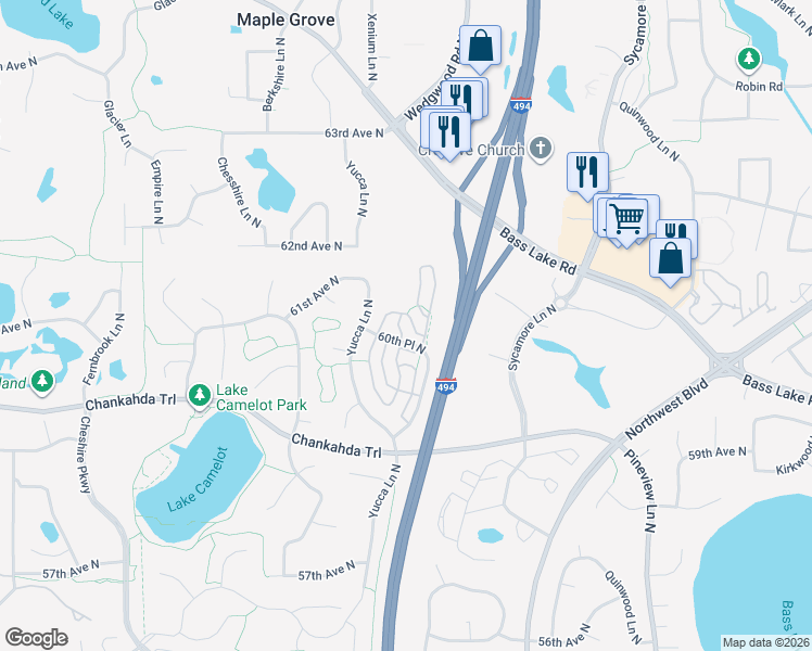 map of restaurants, bars, coffee shops, grocery stores, and more near 13460 60th Place North in Minneapolis