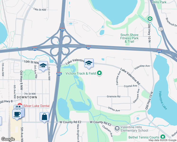 map of restaurants, bars, coffee shops, grocery stores, and more near 1900 Lake Valentine Road in Arden Hills
