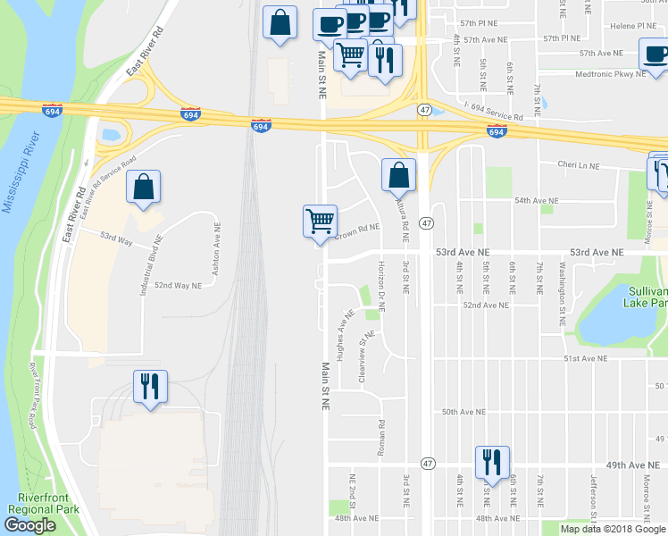 map of restaurants, bars, coffee shops, grocery stores, and more near 104 53rd Avenue Northeast in Fridley