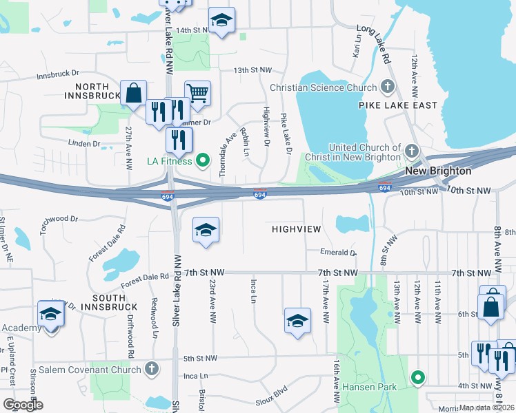 map of restaurants, bars, coffee shops, grocery stores, and more near 2133 10th Street Northwest in New Brighton