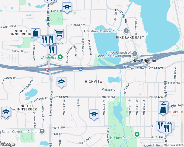 map of restaurants, bars, coffee shops, grocery stores, and more near 1000-1098, 1001-1099 Pike Lake Trail in New Brighton