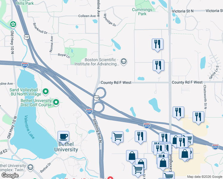 map of restaurants, bars, coffee shops, grocery stores, and more near 1290 County Road F West in Arden Hills