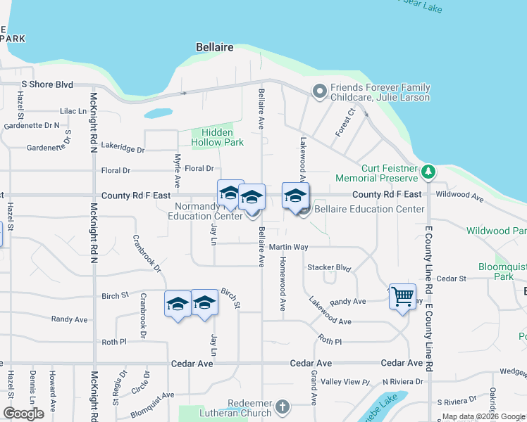 map of restaurants, bars, coffee shops, grocery stores, and more near in White Bear Lake