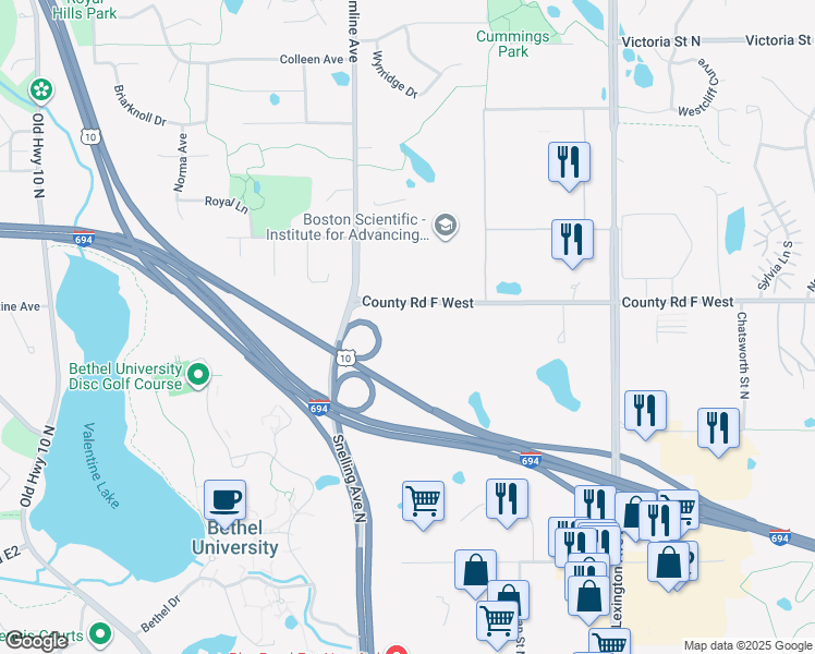 map of restaurants, bars, coffee shops, grocery stores, and more near 1296 County Road F West in Saint Paul