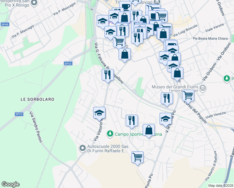 map of restaurants, bars, coffee shops, grocery stores, and more near Via Nevegal in Rovigo