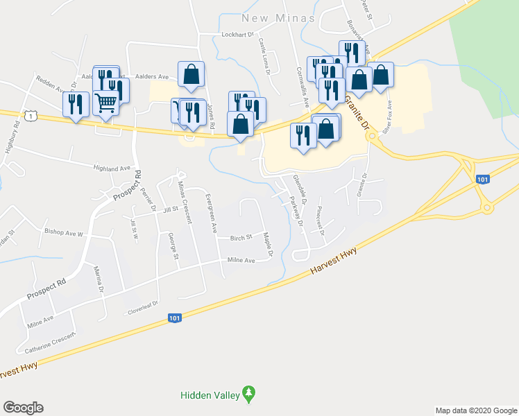 map of restaurants, bars, coffee shops, grocery stores, and more near Maple Drive in New Minas
